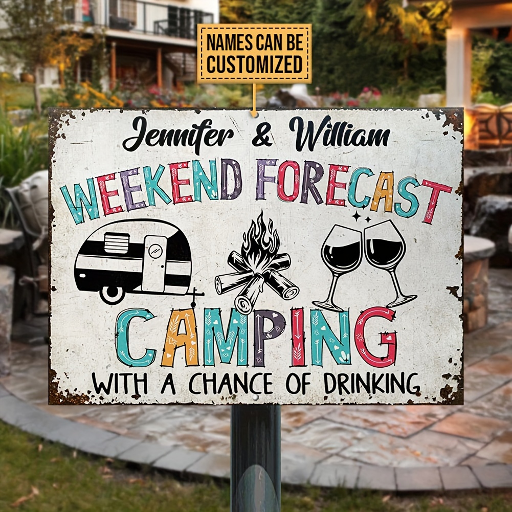 TEMU Panneau métallique personnalisable "Prévisions du : Camping" - Personnalisé avec vos , style vintage avec design de camping-car et verres à vin,