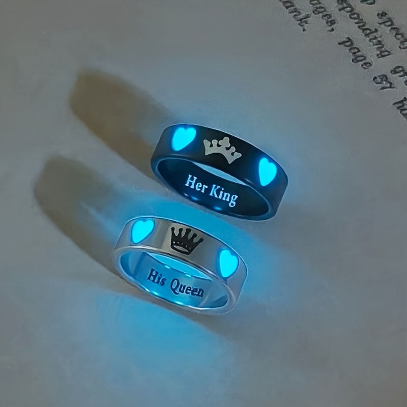 TEMU 2pcs/set Luminous Heart Crown " " Couple's Matching Rings, Women's Promise Rings