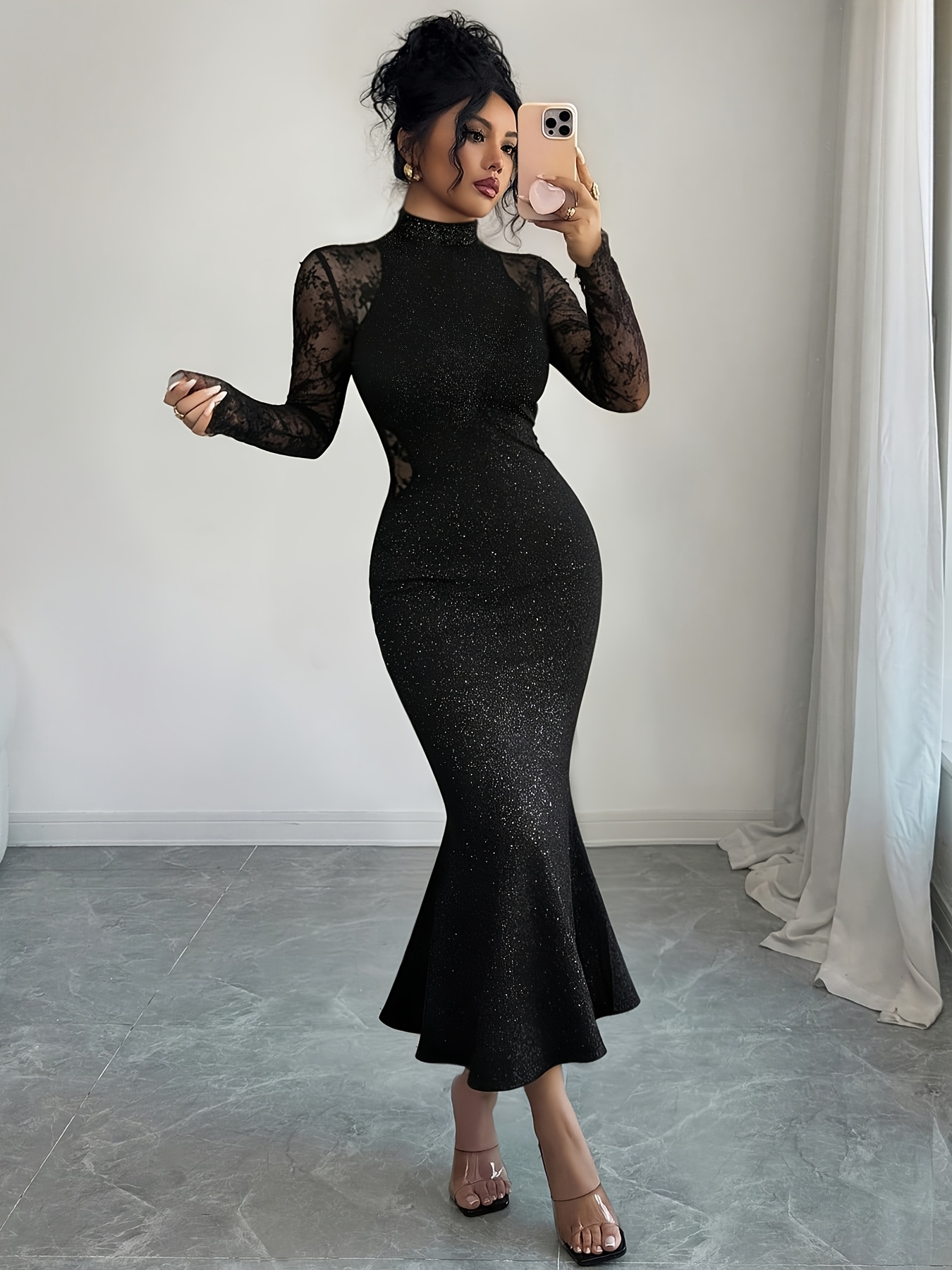 black glitter lace dress Lace-Up Open-Back Long Black Prom Dress with Glitter Black / 2 main image 1