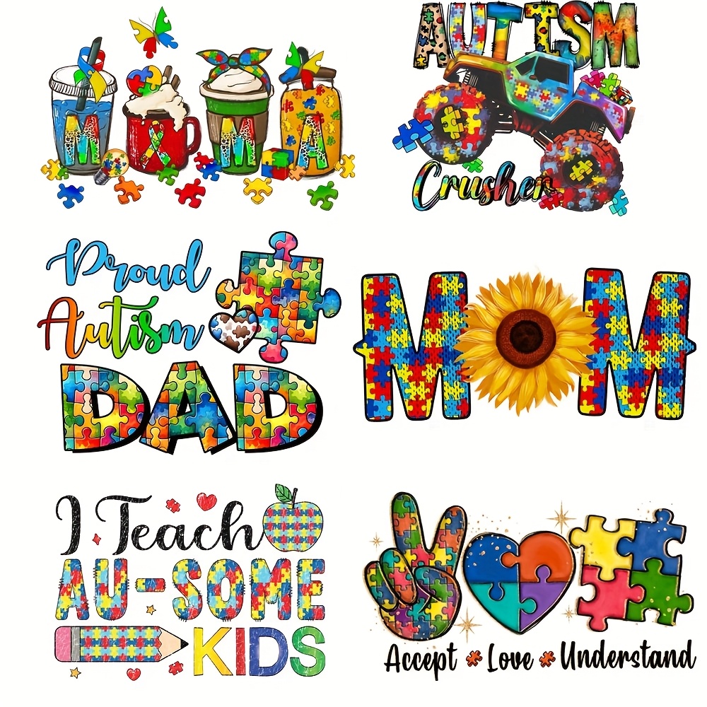 

6pcs Autism Heat Transfer Patches, Diy Iron-on Stickers For T-shirts, Washable Decorative Appliques For Clothing And Fabric