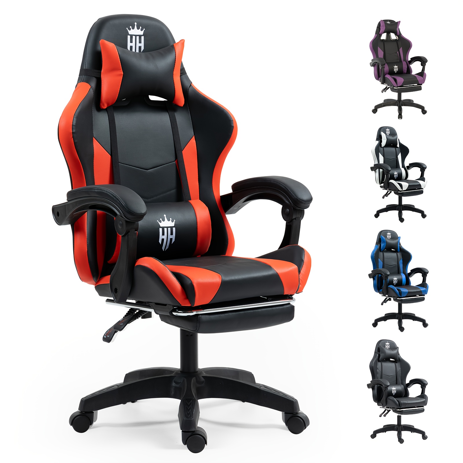 ergonomic gaming chair with   retractable footrest adjustable headrest lumbar support pu leather height adjustable swivel seat for office gaming video