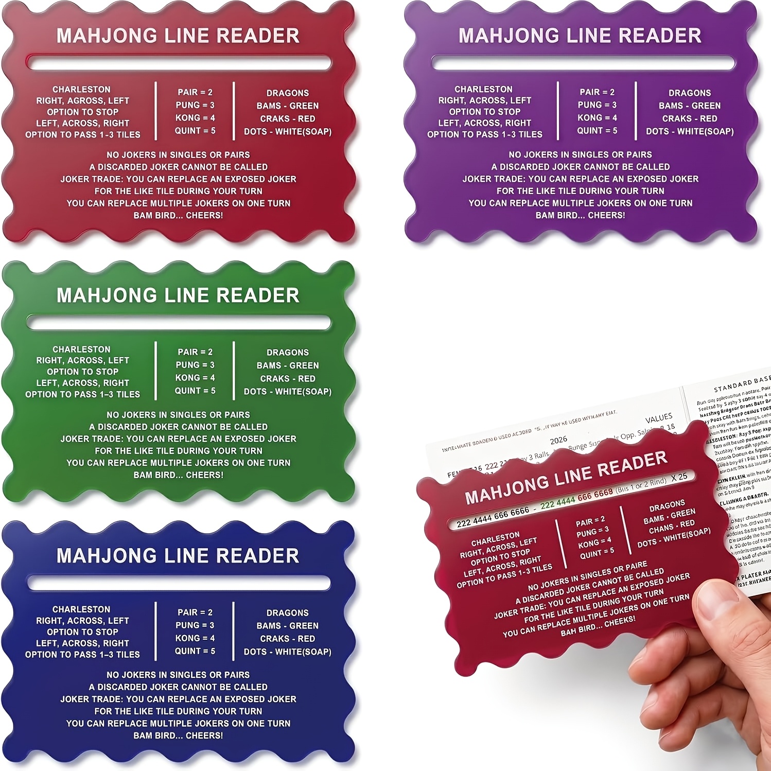 TEMU 2d Flat Reading Cards, 4pcs Set, Includes Cards With Basic Rules Printed On Them, An Acrylic Mahjong Auxiliary Card Set, A Line-tracing Guide