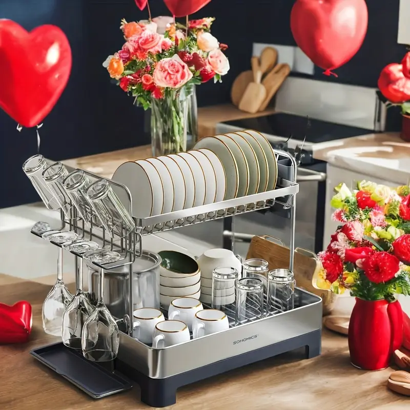 2 tier dish drying rack with rotatable drain spout kitchen counter dish rack with extendable drain spout dish drainer for utensils cups glasses cutting boards space saving and easy to assemble new year gift valentines day gift Product details 1