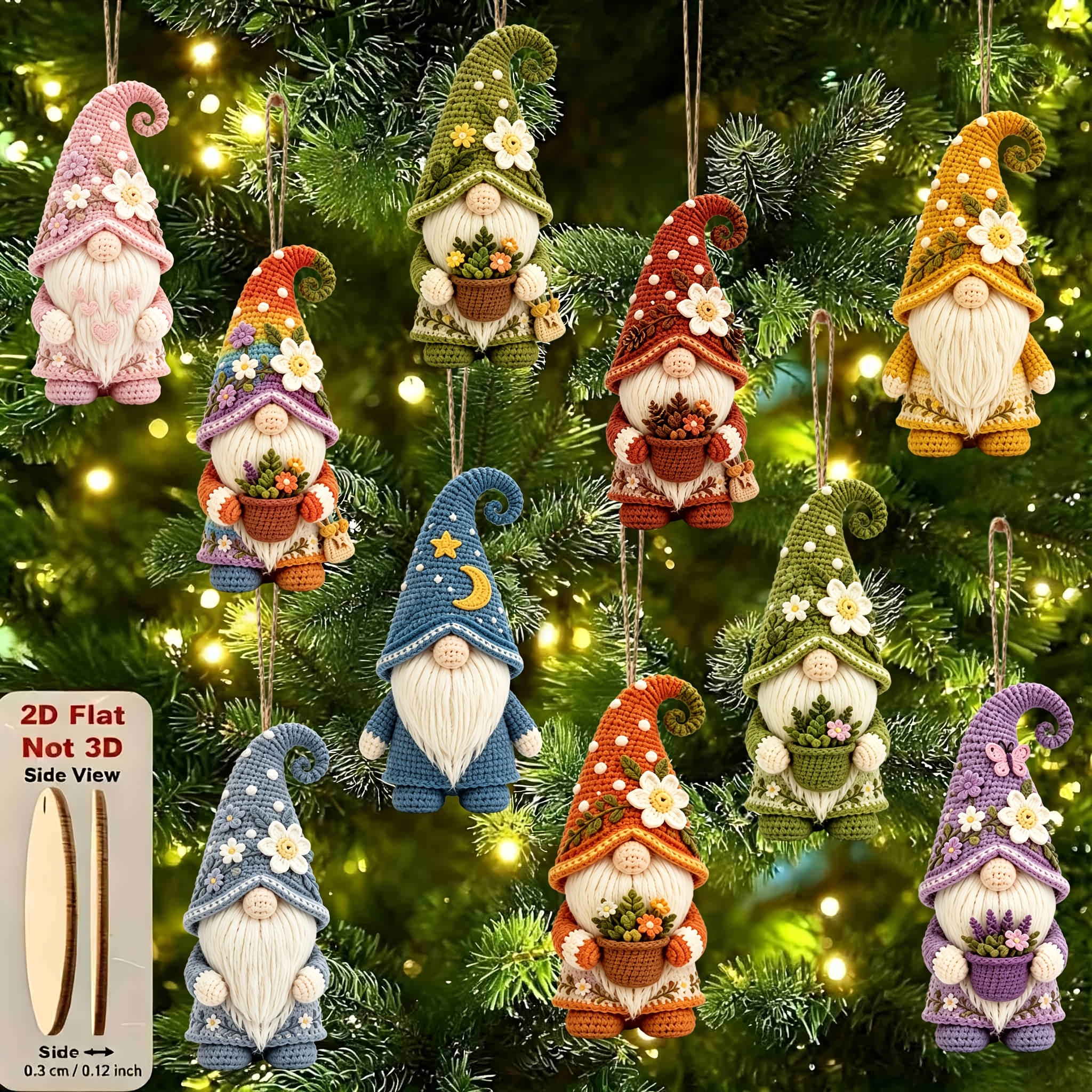 TEMU Ensemble de 10 pendentifs en bois 2D plats de gnomes de jardin de Noël multi-styles, Ornement de sapin de Noël en bois de qualité supérieure,