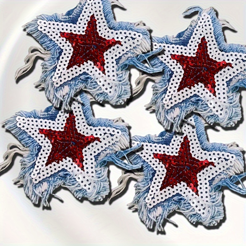 Image of 4pcs Star Sequin Embroidery Patches, Suitable For , Hats And Bags Iron-on/sew-on Appliques - Suitable For Jackets, Jeans, Backpacks, T-shirts, And Accessories Glitter Fabric Stickers