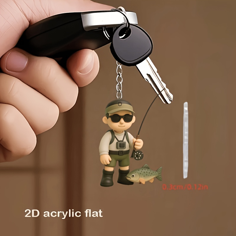 TEMU Portachiavi 2D Piatto per di Pesca - Design con Canna da Pescatore, Ciondolo in Acrilico per Borsa, a Pap�, , Pescatore - Regalo per Compleanno,