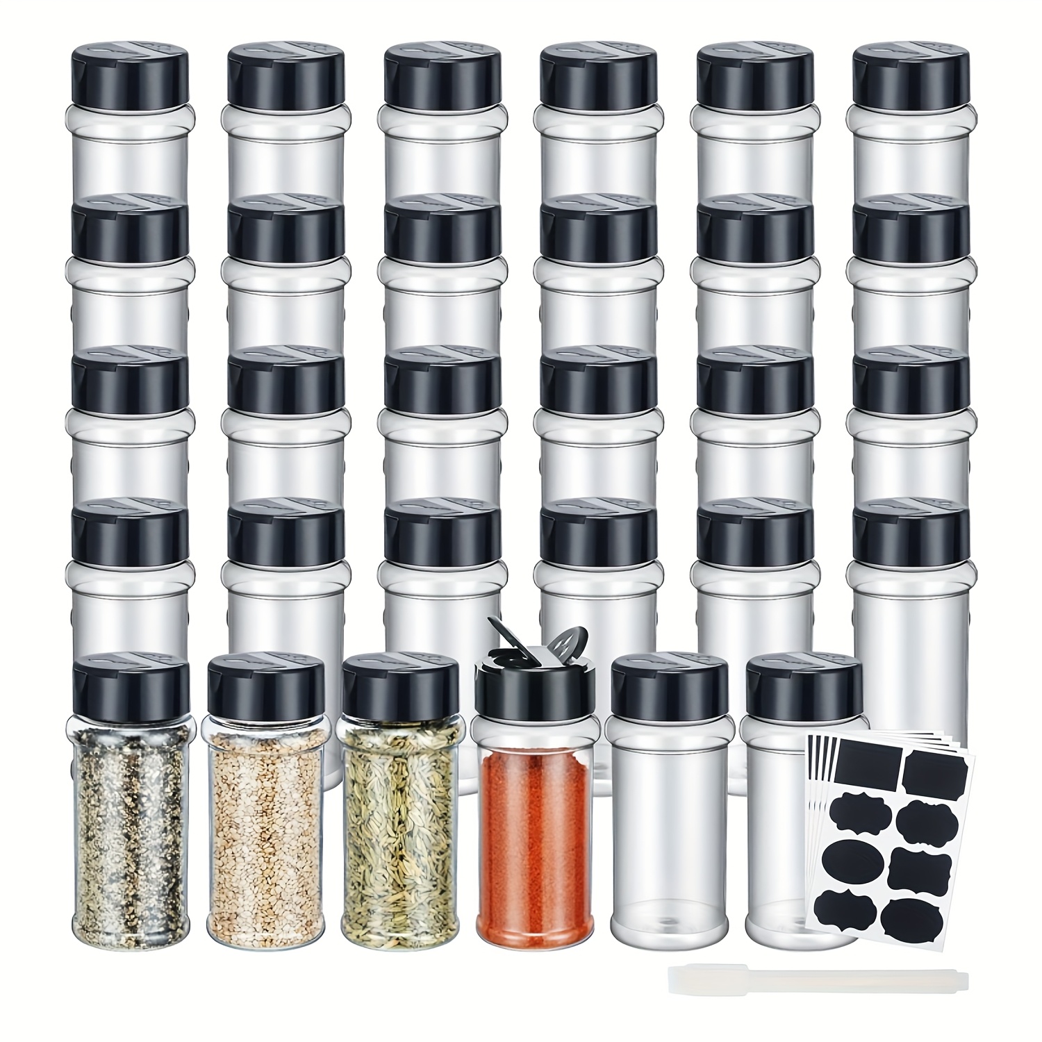 Image of Pack Of 16 5oz Transparent Plastic Spice Jars With 16 Labels And 1 Pen, Black Seagull Wing Lid, Leak-proof Container - Reusable, Hand Wash Storage, Suitable For Pepper Powder