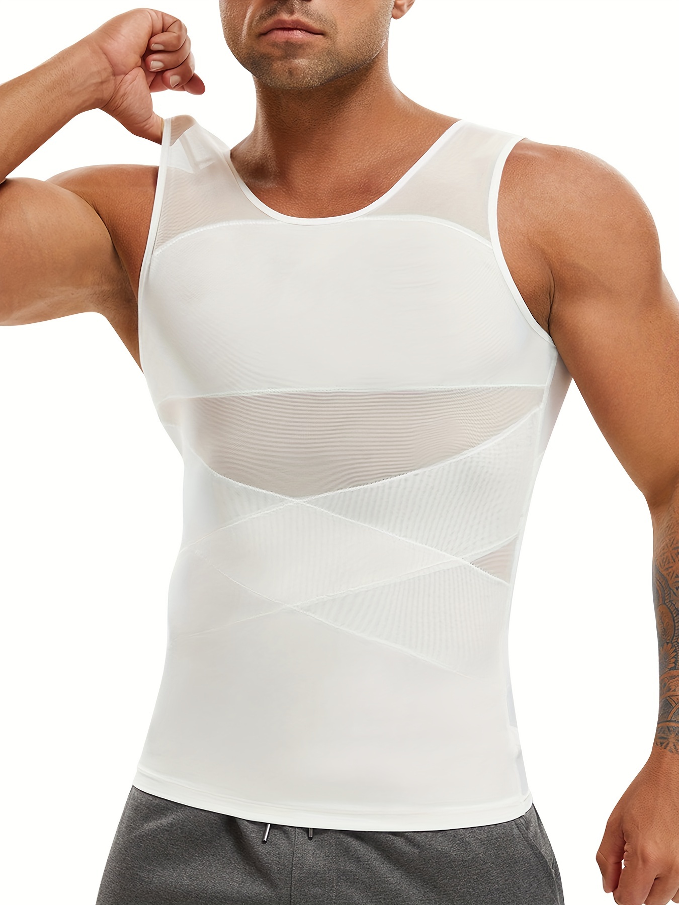   mens compression shirt breathable double cross body shaper   vest tight tummy underwear tank top high stretch fabric crew neck solid color  