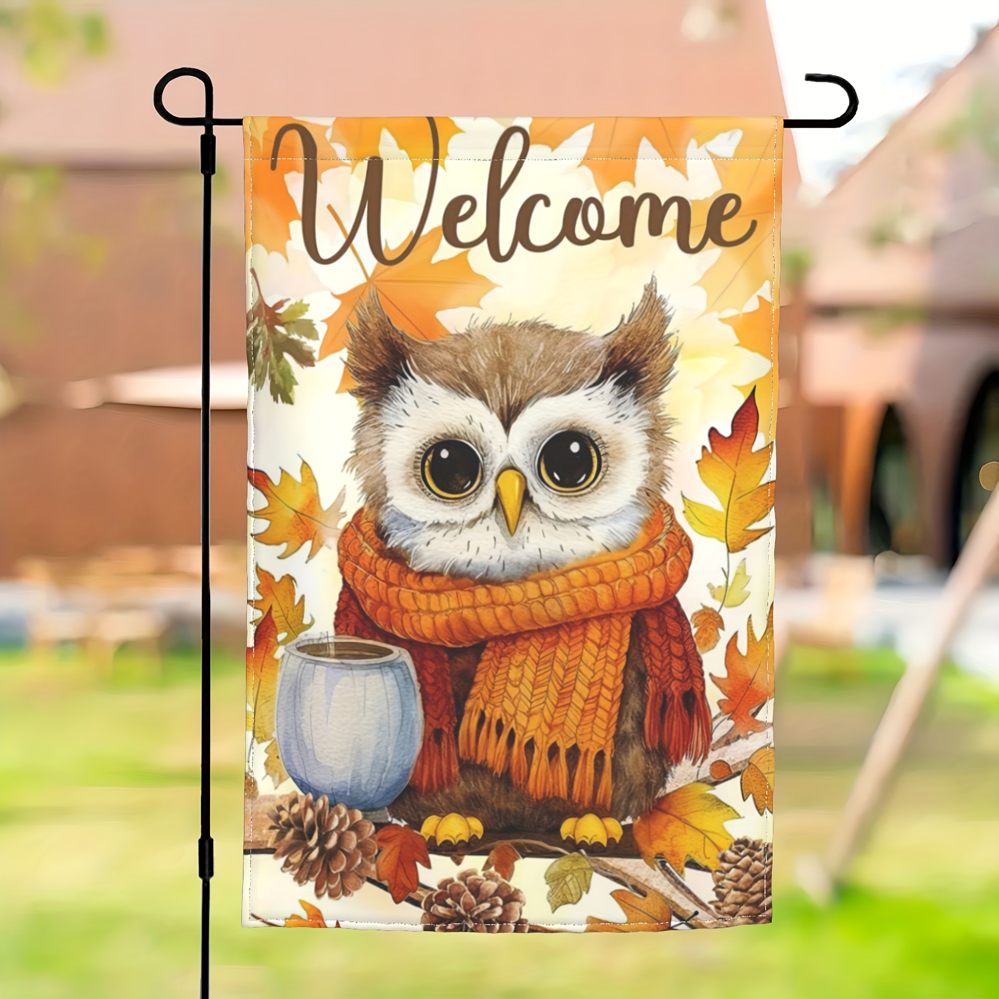 TEMU 1pc Of Owl With Scarf Garden Flag, Farmhouse Flag, Home Decor, Outdoor Decor, Yard Decor, Garden Decor, Thanksgiving Decor, Double-sided Printed