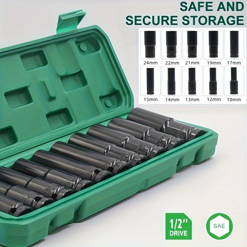 

10pcs Socket Set, Steel Material, Long Reach & Thin Wall, Metric Sizes For Automotive, Industrial & Diy Use, Case Included