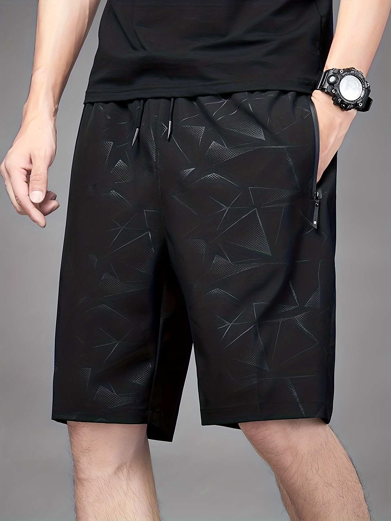 3pcs Men's Athletic Shorts - Quick-Dry Breathable Stretch Fabric with Geometric Print, Adjustable Drawstring Waist & Zipper Pockets for Gym, Running, Cycling, Hiking, Beach & Casual Wear