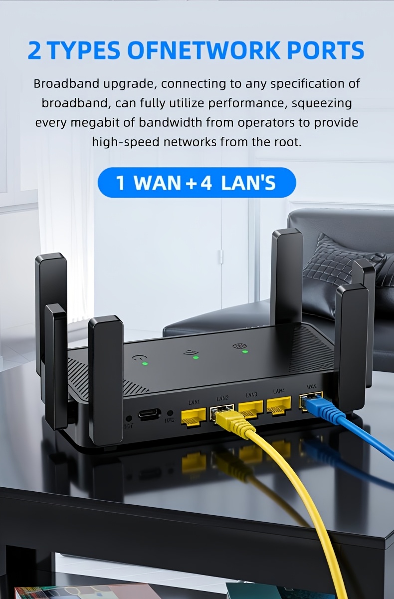 Home Smart Wireless Controller, 6-Antenna Portable Desktop 300m WiFi 6 Router, Supports 1 WAN + 4 LAN Ports, with 4 Powerful Functions: Repeater, AP, Router, and Dial-up