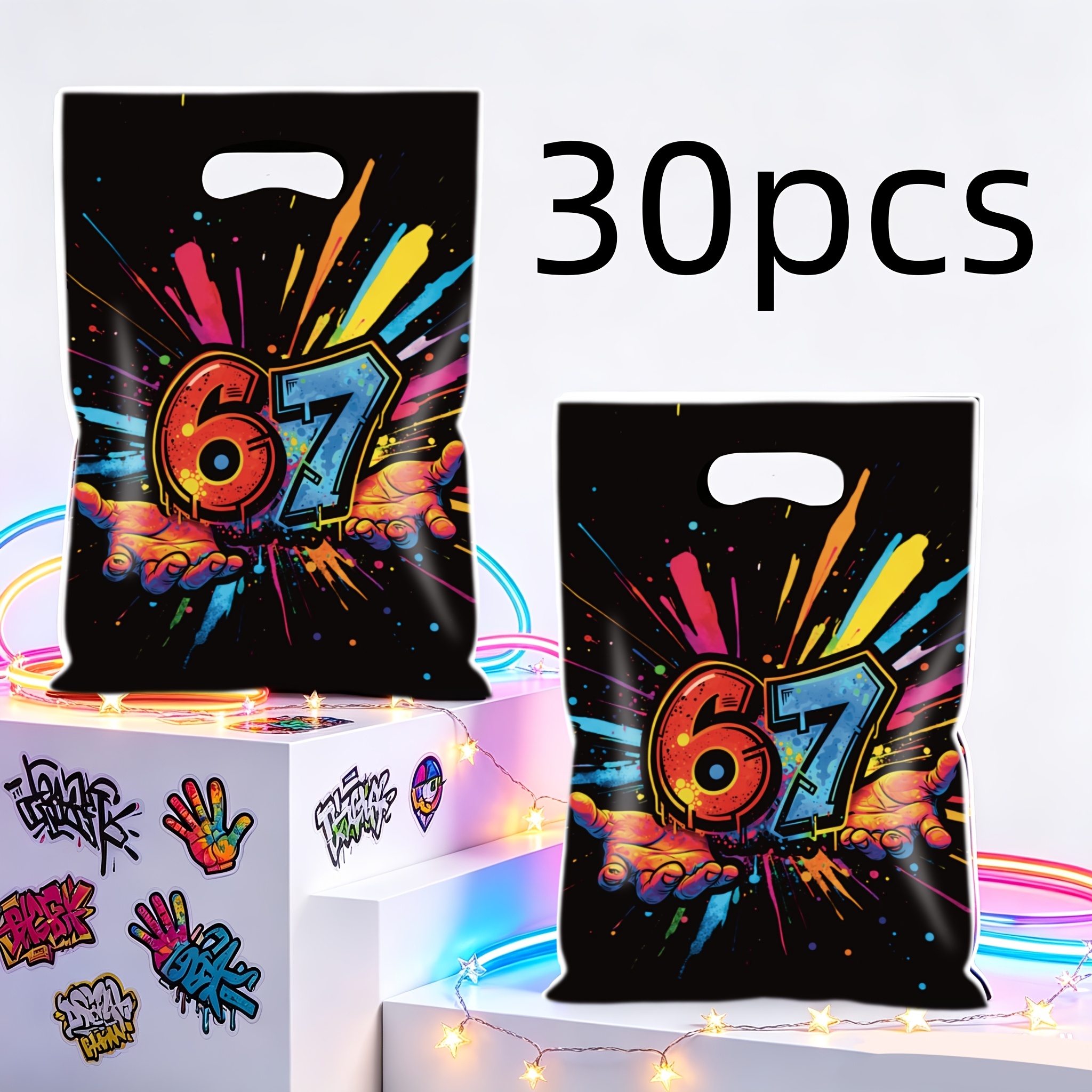 TEMU Cadeau pour elle/lui 30/50/100pcs avec poignée Graffiti 67 Impression Sacs cadeaux d'anniversaire, de fête sur le thème hip-hop rétro des années