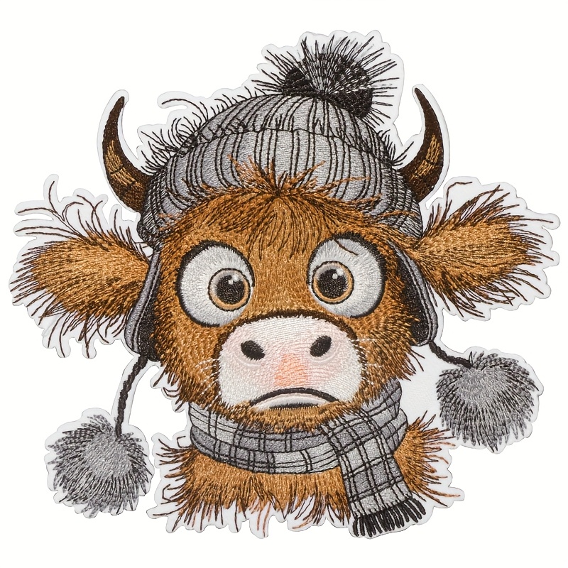TEMU 1pc Cartoon Highland Cow Embroidered Patch With Fluffy Beanie & Scarf - Polyester, Diy Iron-on Or Sew- For Clothes, Backpacks, Canvas Bags - New Year, Christmas, Valentine's Gifts, Cow Decor