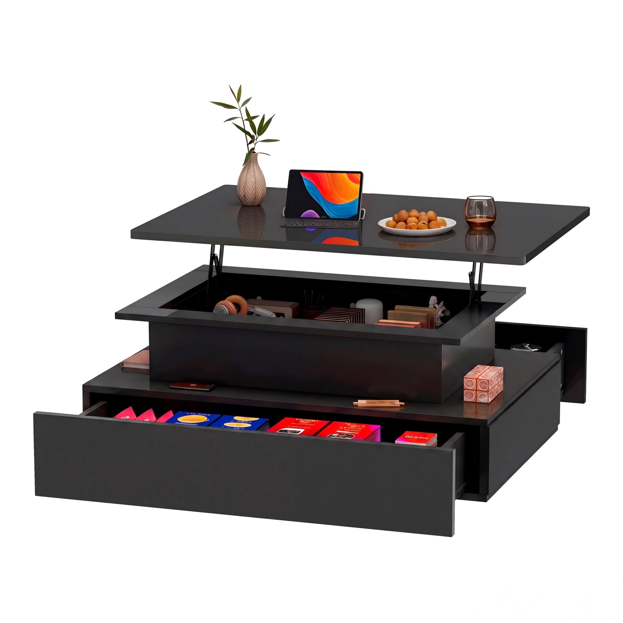 TEMU Height Adjustable High Gloss Coffee Table, Living Room Desk With Lifting Tabletop And 2 Storage Drawers, Modern Indoor Home Furniture