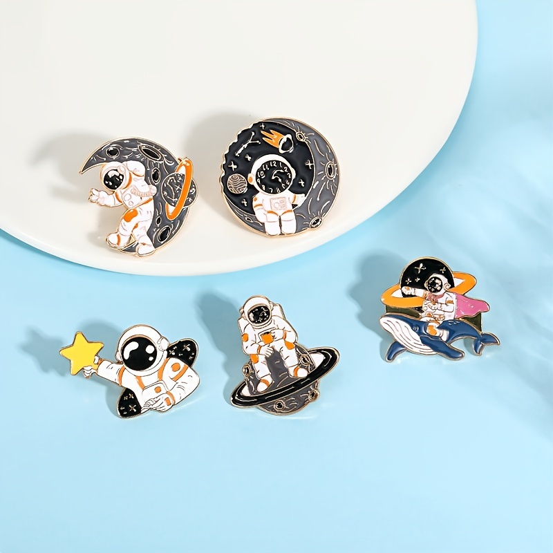 Image of 5pcs Of Astronaut Brooches, Metal Badges Featuring Whales, , Books, And Planets