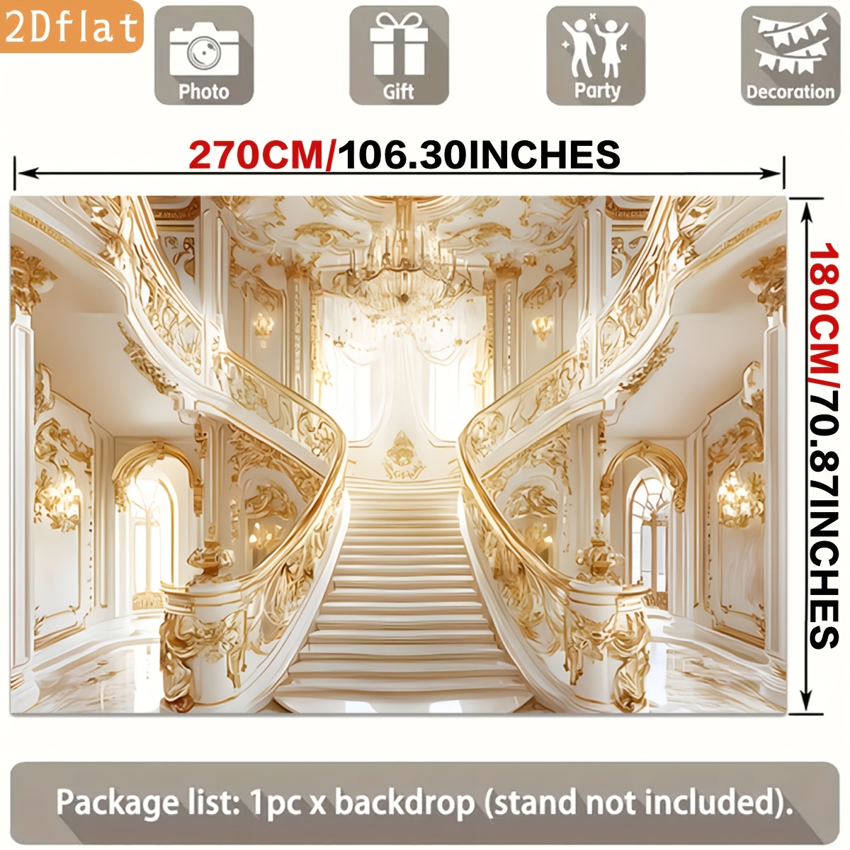 Golden Ornate Staircase White Marble Chandelier Backdrop Banner for Parties