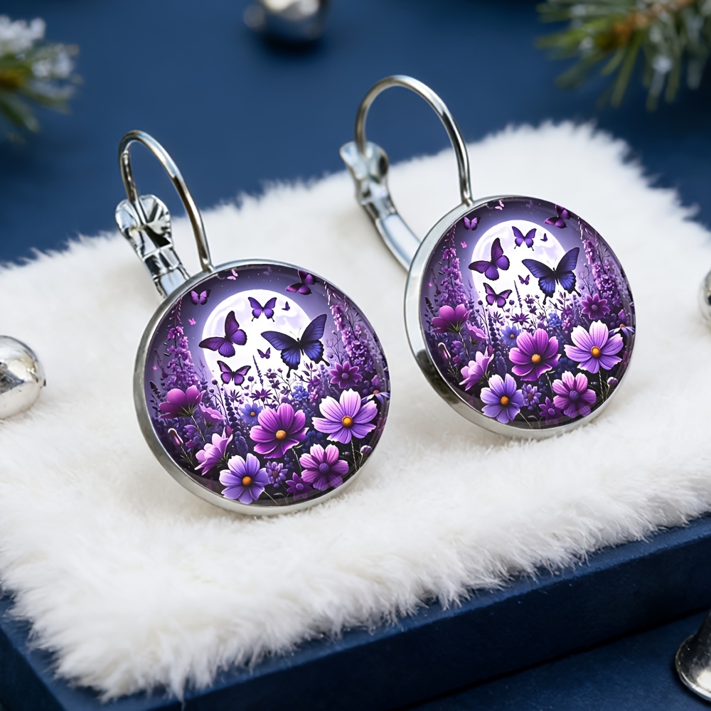 TEMU Purple French Earrings, Alloy Material, Glass Inlaid, Women's Fashion Gifts, Exquisite Earrings Suitable For Daily Wear