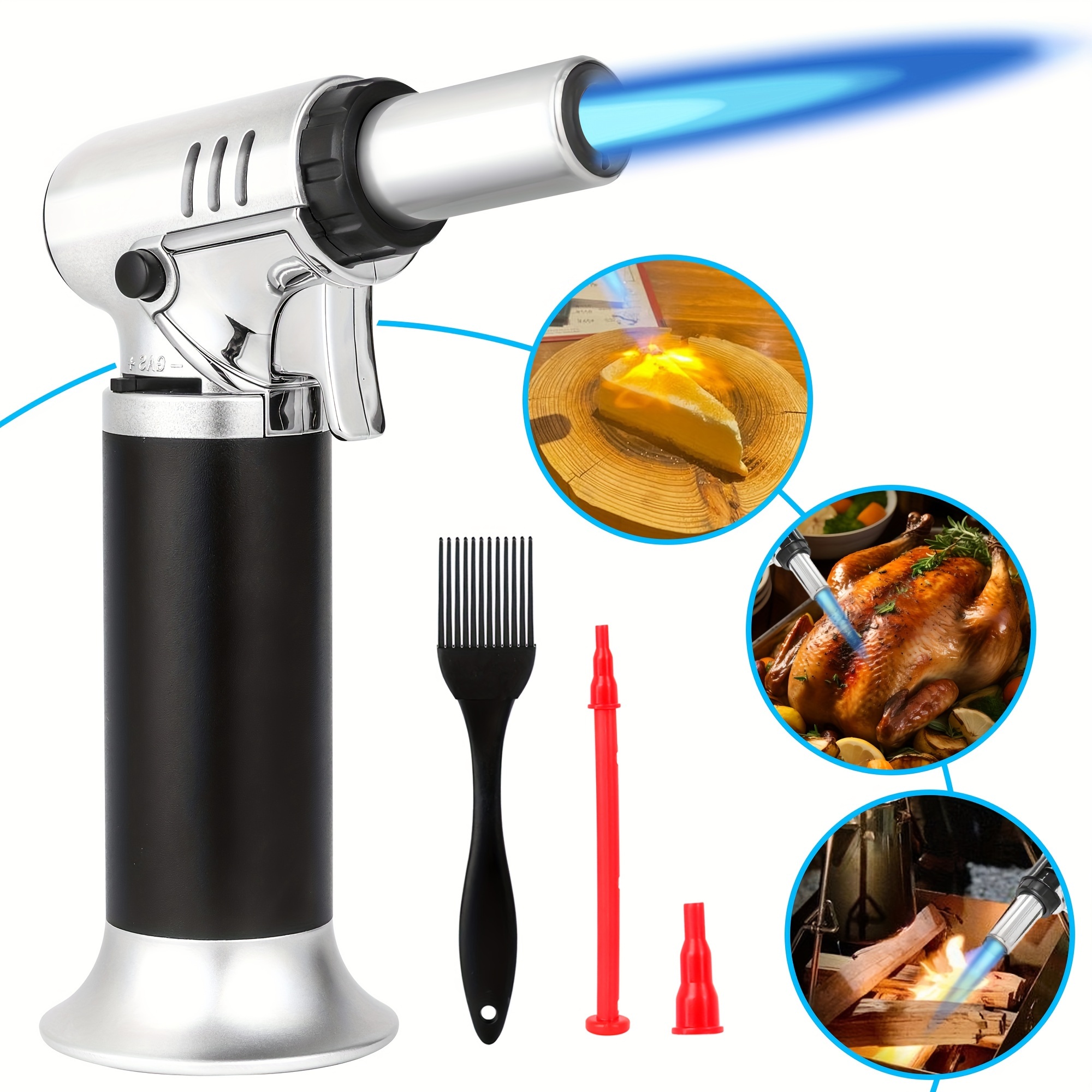 

Refillable Kitchen , Adjustable Refillable Multipurpose Culinary Blow Torch With Safety Lock For Creme Brulee, Baking, Bbq - Incidentally Silicone Heat Resistant Pastry Brush (butane Gas Not Included)