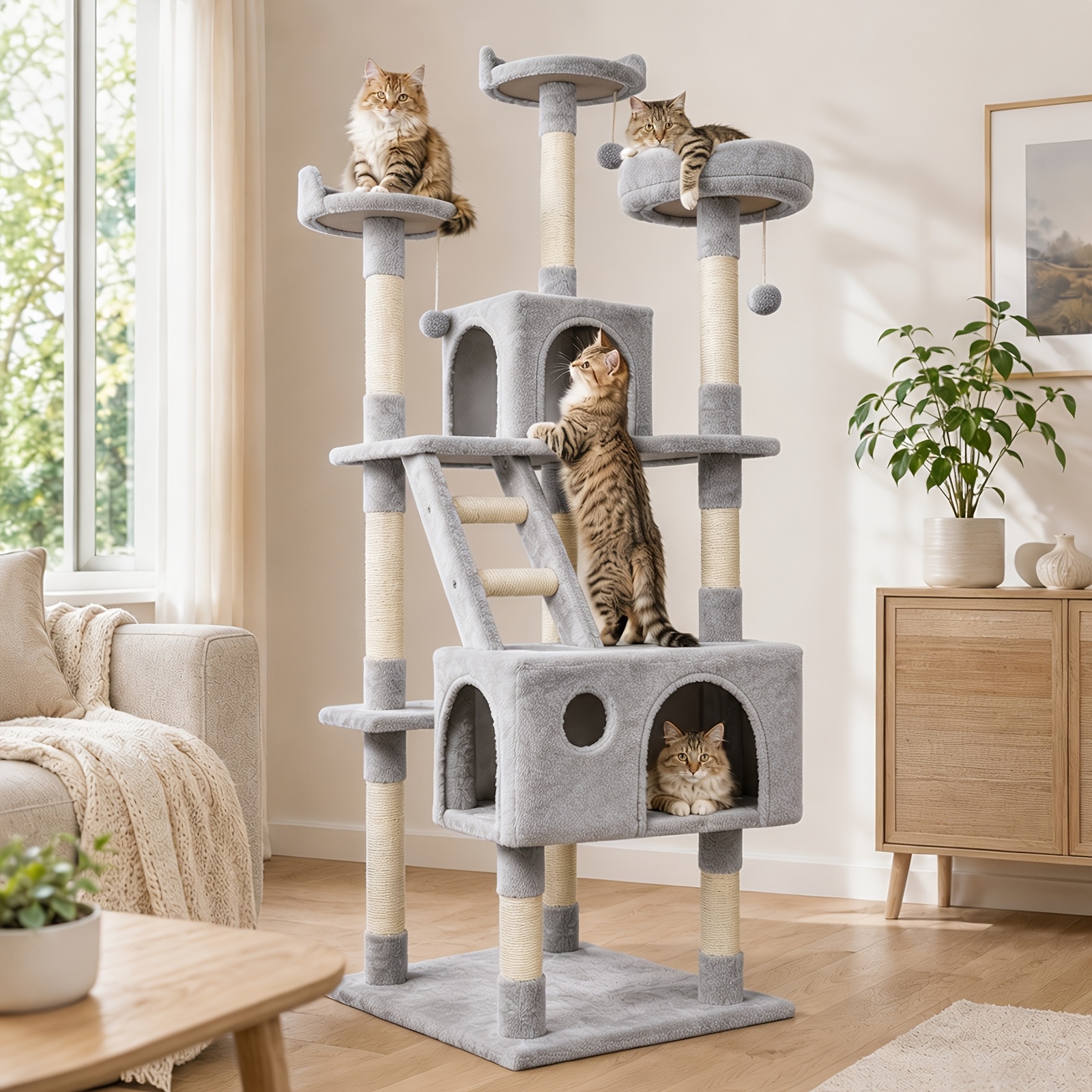 TEMU Cat Tree Height 170cm, For Cats With 3 Top Perches, Large Cat Nest, Comfy Condo, 2 Scratching Ladder, 10 Scratching Pillars, Large Base, Stable