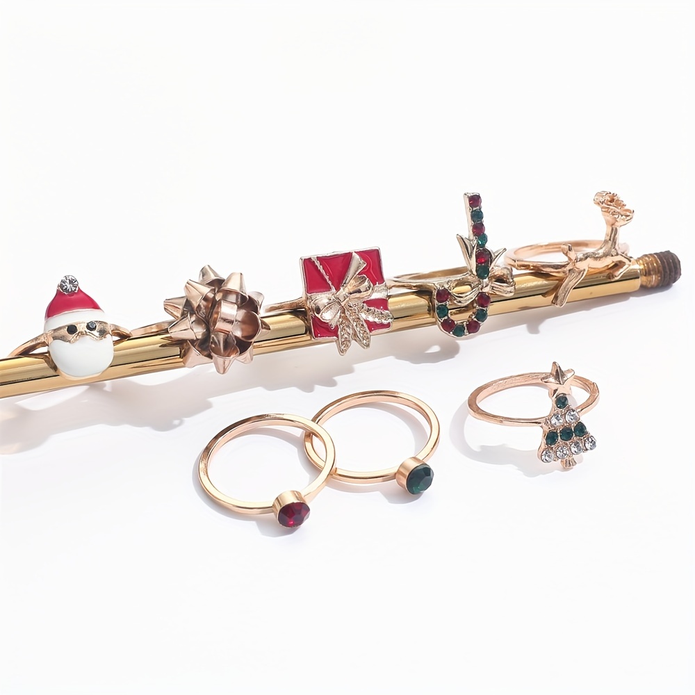 TEMU 8pcs Christmas Charm Ring Set - Cute & Sexy Alloy With Rhinestones, Featuring Santa, Reindeer, And Tree Designs - Gift For Her
