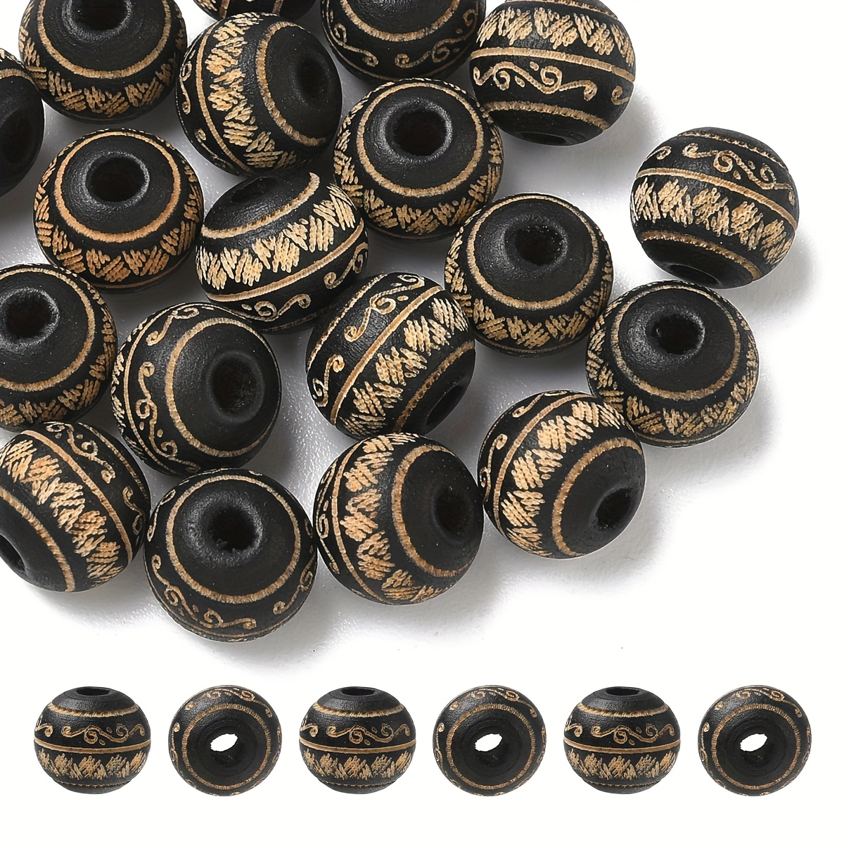 Image of 20 Black Carved Wooden Round Beads For Jewelry Making - Perfect For Earrings, Bracelets, And Necklaces, Craft Beads, Natural Wood Beads, Handmade Beads