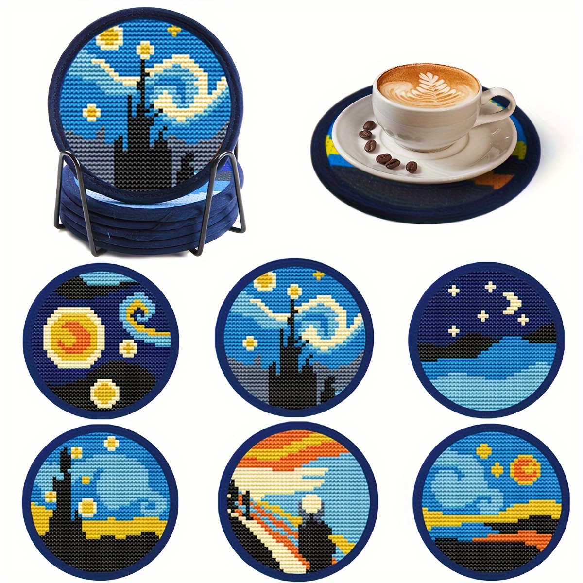 

6pcs, Cross Stitch Coaster Kits, Embroidery Coasters For Drinks, Diy Art Craft Supplies, Cup Mat Protection For Kitchen & Dining, Round Needlework Coasters For Beginners & Adults