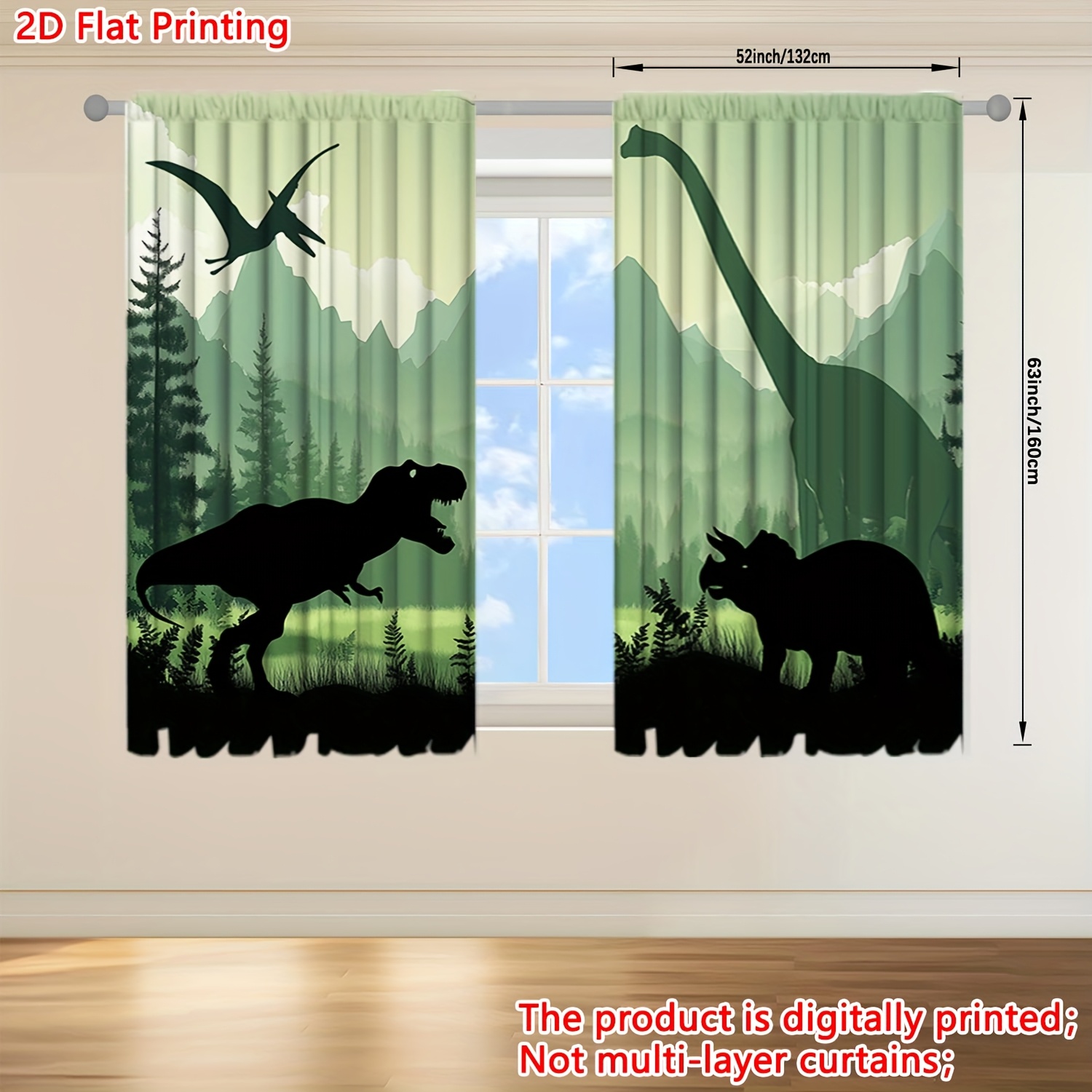 TEMU 2d Flat - 2d Flat - Open 2d Flat Printing 2pcs Dinosaur Silhouette Printed Curtain For Home Decor - Rod Pocket Window For Bedroom, Office,