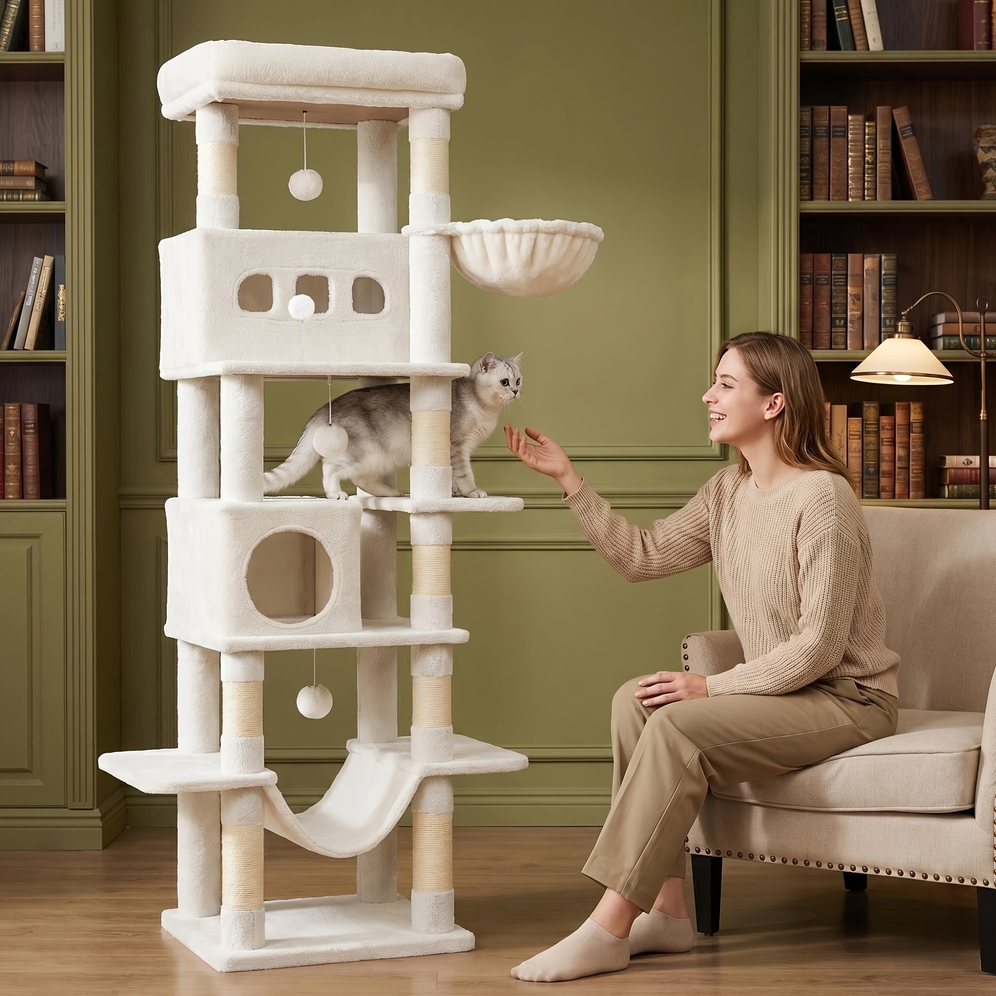 TEMU Large Cat Tree, Six-layer Structure, Size: 52 X 42 X 172 Cm, Equipped With Two-layer Cat Houses With Hiding Places, 50 X 30 Cm Large Platform, 8