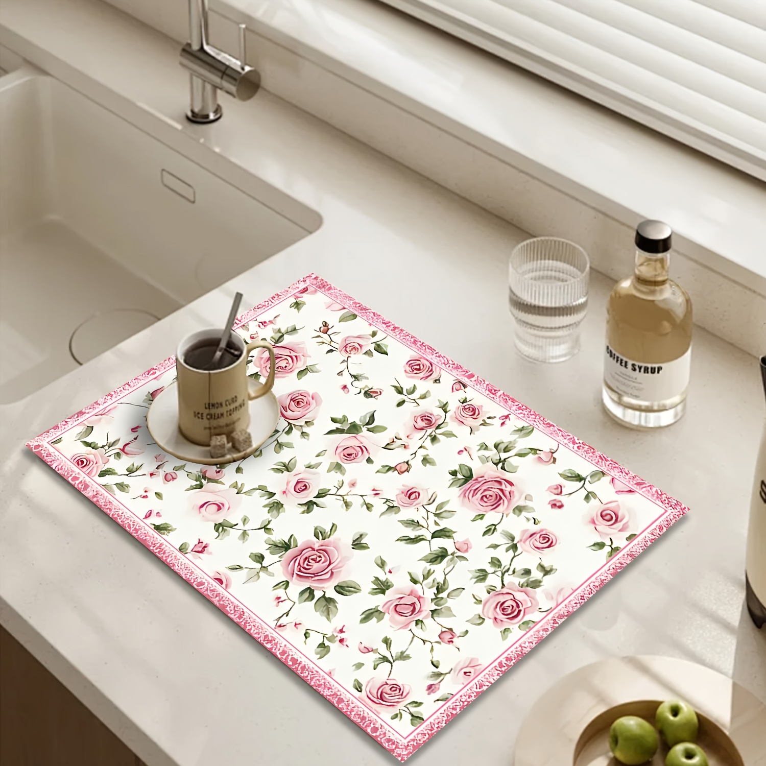 TEMU 1pc Pink Rose Green Leaves Pattern White Floral Dish Mat - Quick-dry Countertop Protector, With Non-slip Backing - Polyester Fiber Kitchen