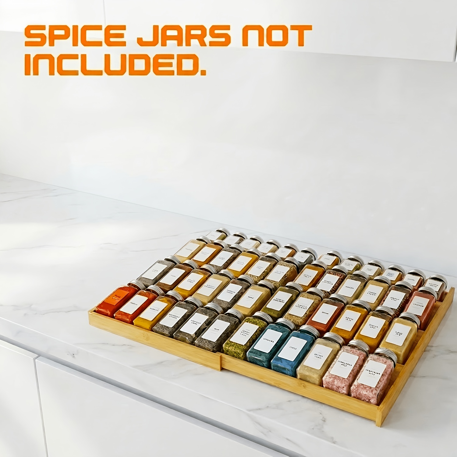 4- Bamboo Spice Rack Organizer For Drawer (requires 3" Depth), Wooden Seasoning Storage Insert For Kitchen Cabinets, Adjustable 11.8" To 22.8" Wide, To 48 Jars, Jars Not Included