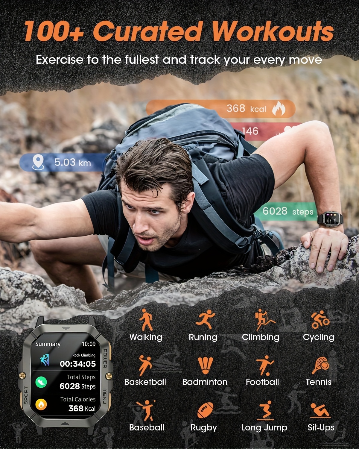 5.13 cm Full Screen Touch Smart Watch for Men with AI Voice, 100+ Sports Modes, Sleep, Step, Calorie, Pressure Monitoring, Calls And SMS Alerts, Sports Watch Smart Band for iPhone/Andriod