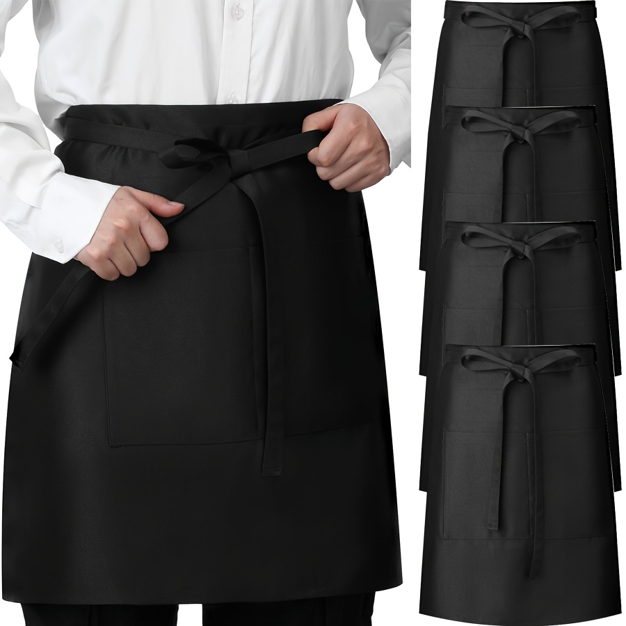 4-pack Apron Black Unisex Half Server Apron With 3 Pockets Extra Long Waist Ties Additions For Men Women Waiter Waitress Chef, Black