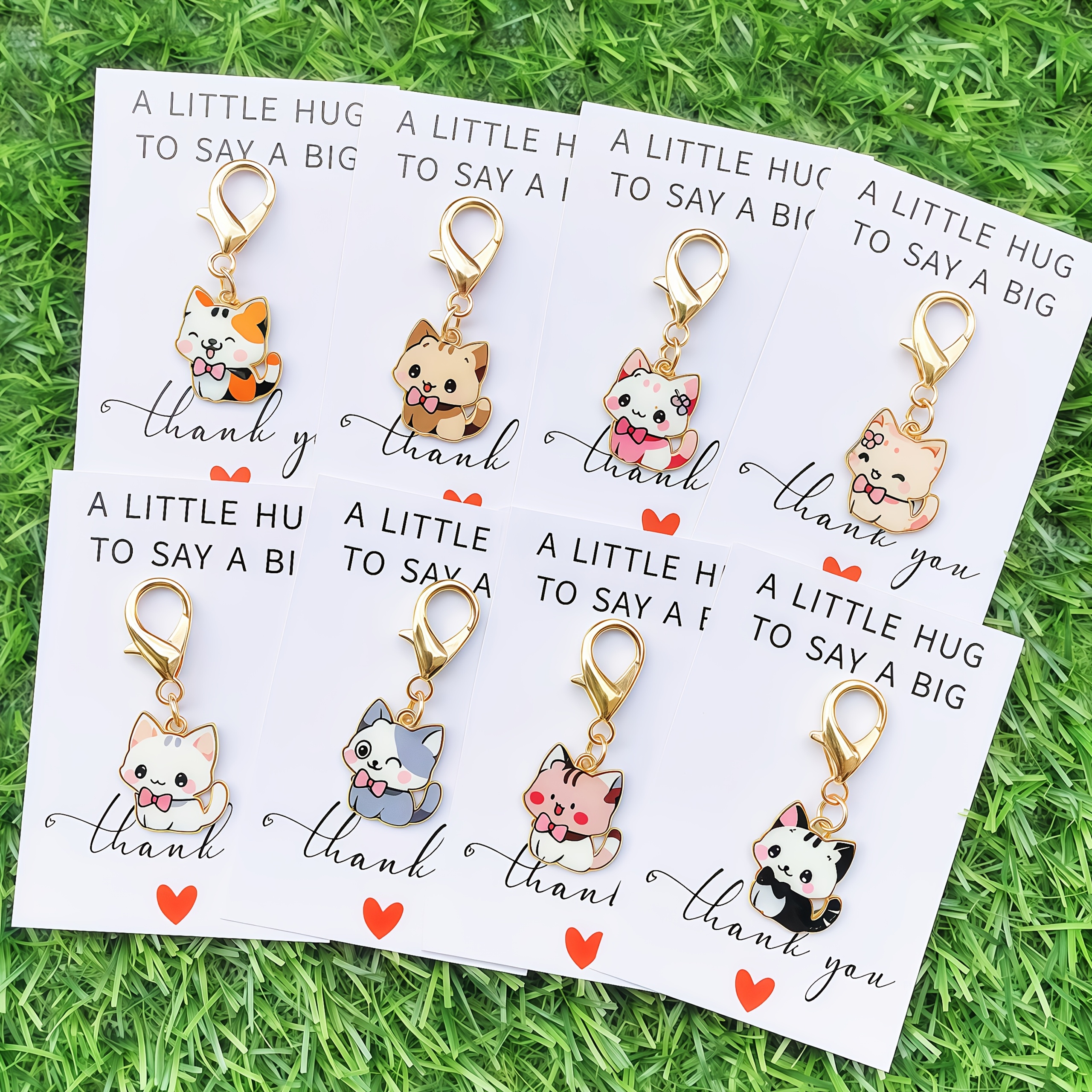 TEMU 16pcs/8-set Cute Cartoon Bow Knot Cat Durable Alloy Keychain Charms, With Hug Card Pet Keychains, 8 Keychains + 8 Cardboard Tags, Clothing
