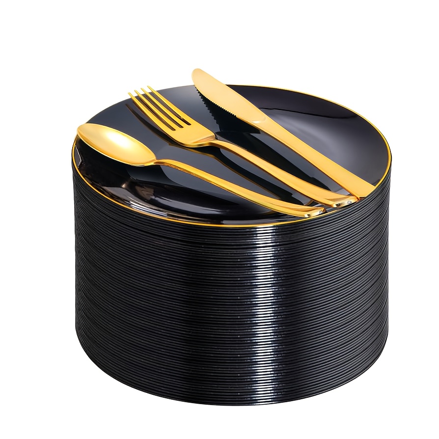 40pcs black and golden plastic plates black plates with     10 dessert plates and 30 golden cutlery pieces suitable for weddings birthday parties easter valentines day mothers day soccer parties and graduation dinners