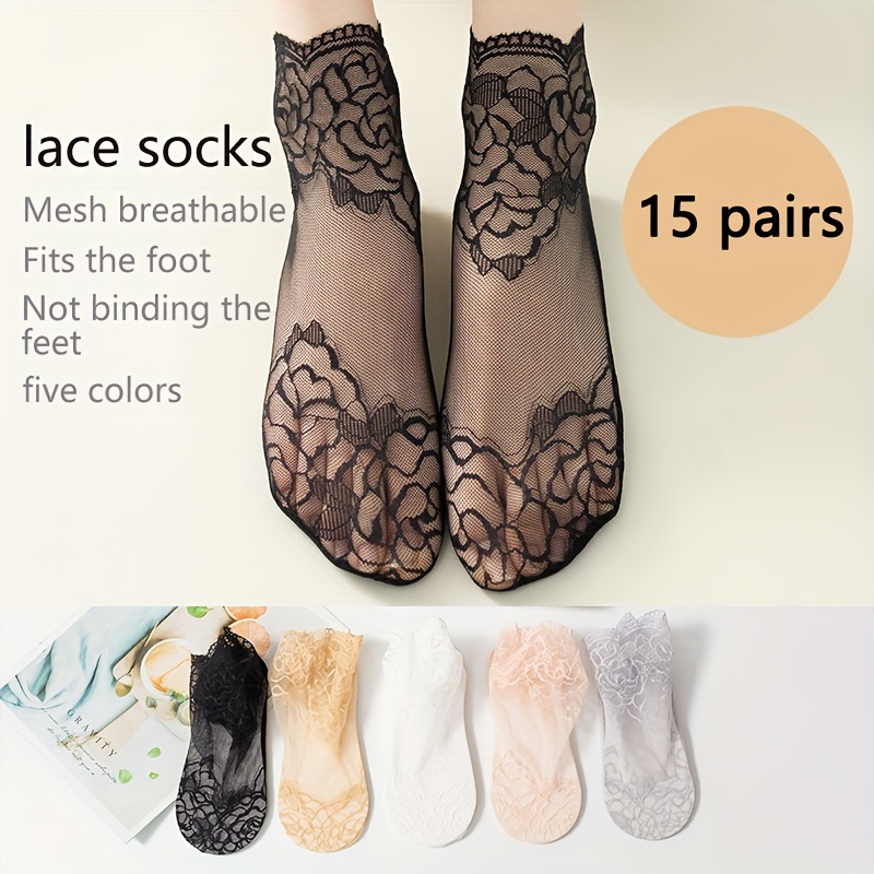 

15 Pairs Sheer Lace Mesh Socks, Elegant & Breathable Ankle Socks, Women's Stockings & Hosiery