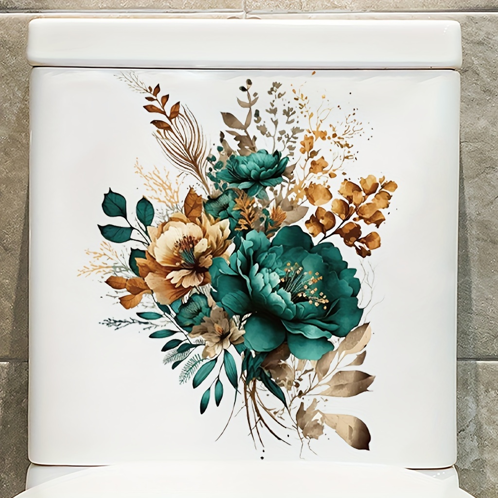 

1pc Elegant Toilet Wall Sticker - , Removable Pvc Decal In Teal, Golden & - Bathroom Decor, 11.8in X 11.8in, Bathroom Decor And Accessories