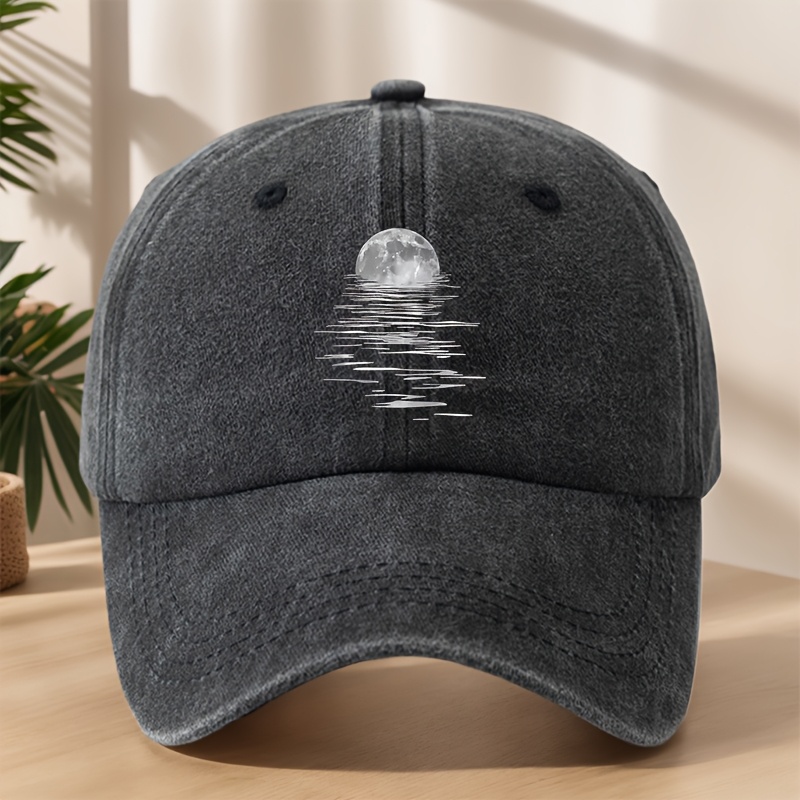 TEMU Makefge Vintage Washed Cap With Moon & Print - Breathable Washed Baseball Hat Suitable For Outdoor, Casual, Sports, Vacation - Hand Washable
