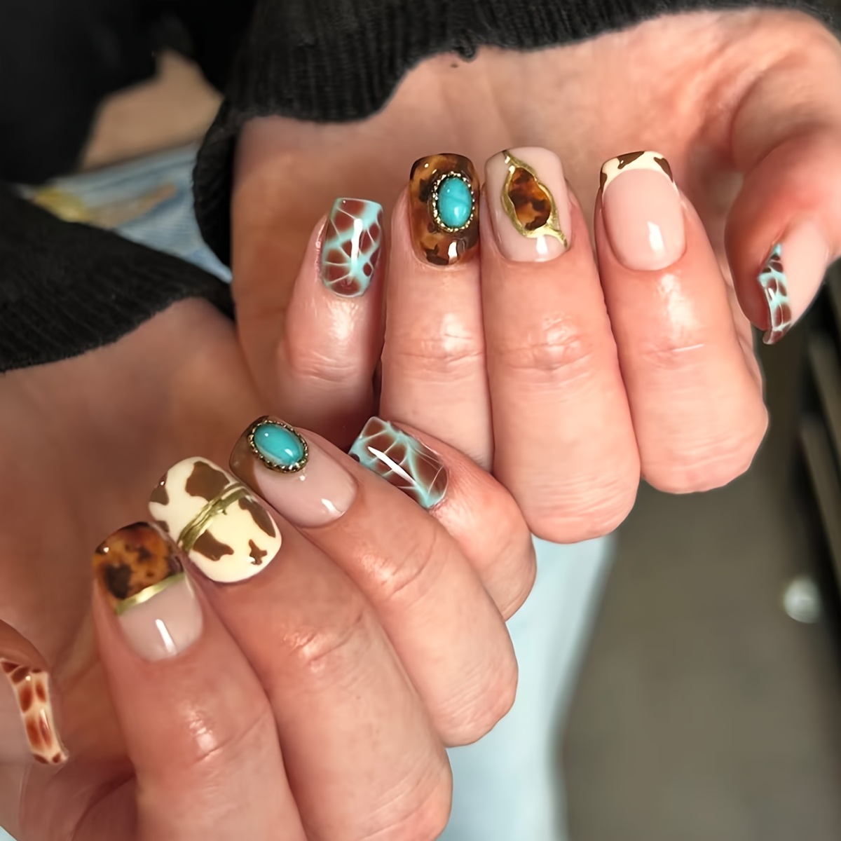 TEMU 24 Short Square Acrylic Nail Stickers, Autumn/ Style, Milk Texture, Turquoise Mixed With Light Blue Texture, French Y2k Style, Reusable, Girly