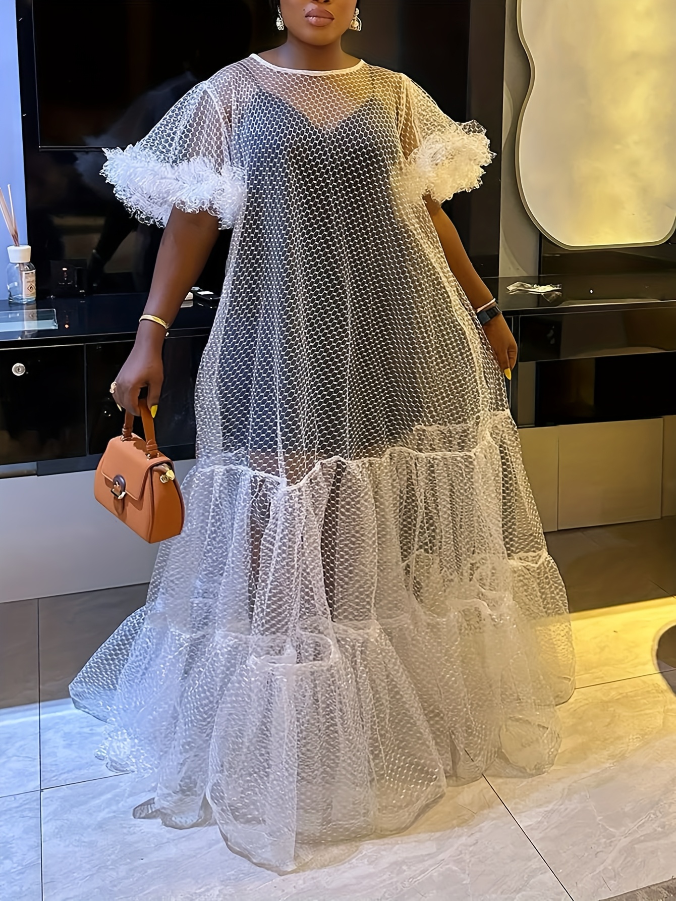 plus size womens elegant shoulder dress sheer lace sleeves - Temu Germany