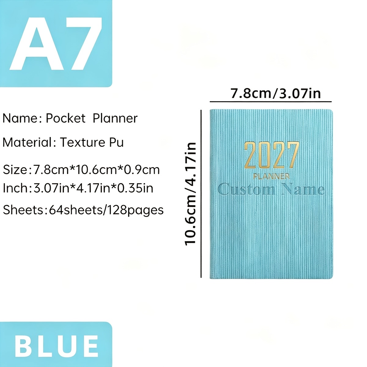 TEMU 1 Cuaderno Planificador de Bolsillo Personalizado 2027, un Mini Diario Portátil A7 con Planificador Semanal en Inglés, 128 Páginas/64 Hojas, un