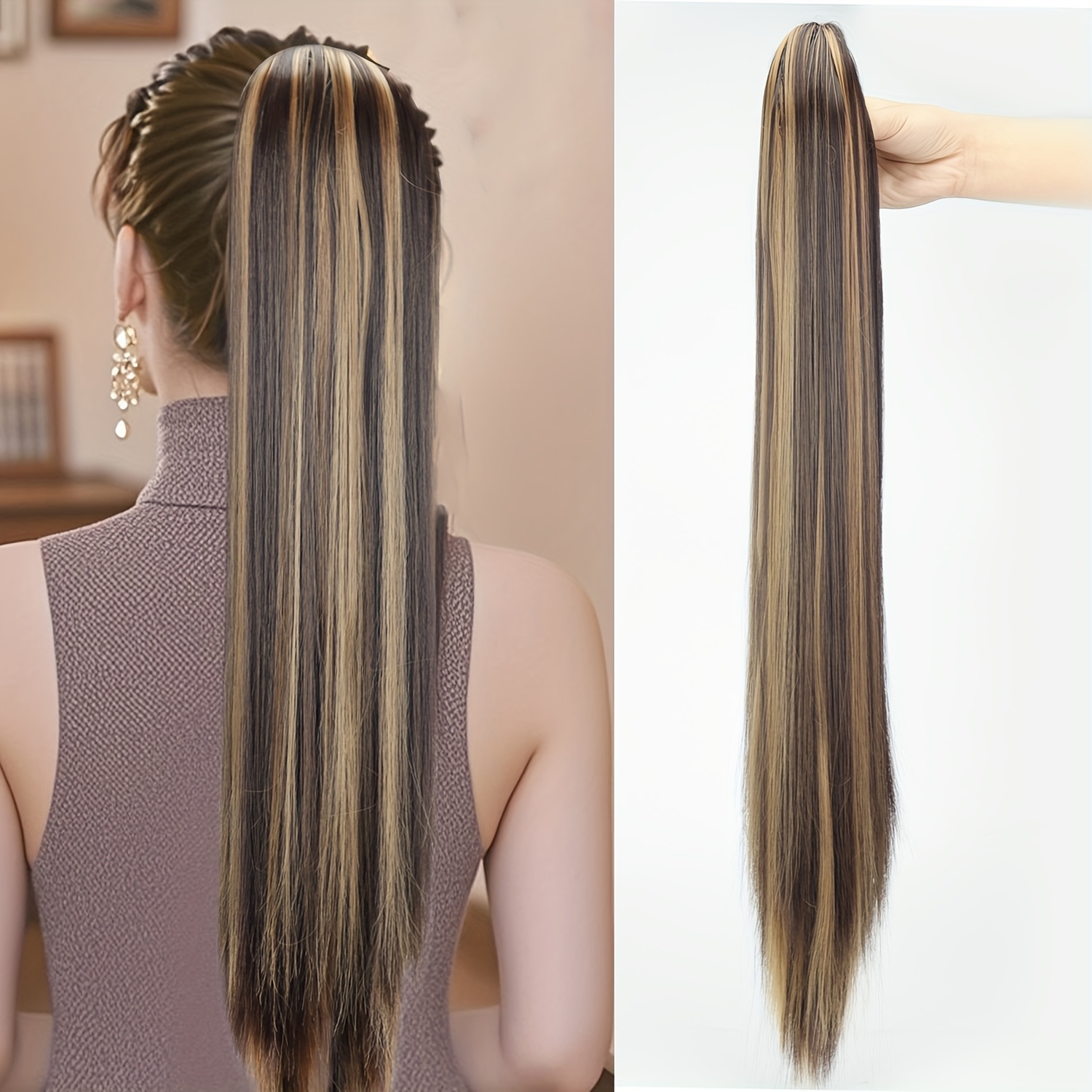 TEMU 24 Inch Longstraight Ponytail Extension And Synthetic Clip Style Hair Extensions, Suitable For Women' Use Halloween