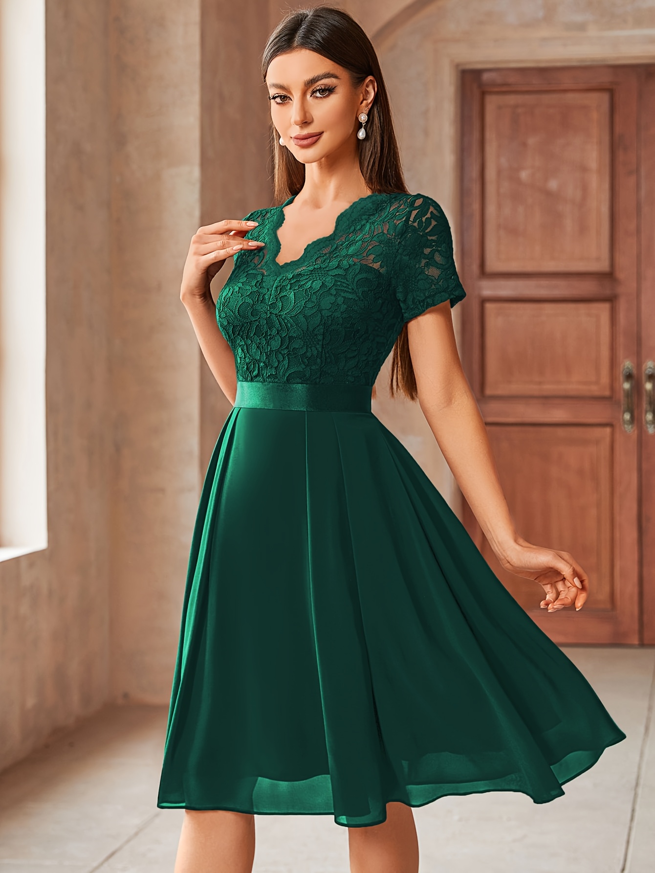 vestido elegante encaje verde escote manga corta mujer Temu Spain