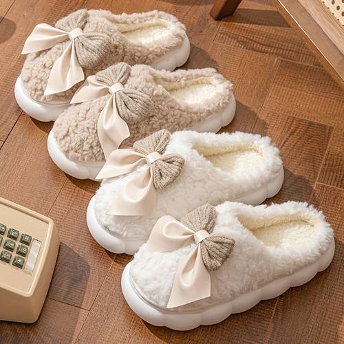 winter slippers cute womens bow couple home indoor warm postpartum shoes anti slip fleece plush slippers women shoes