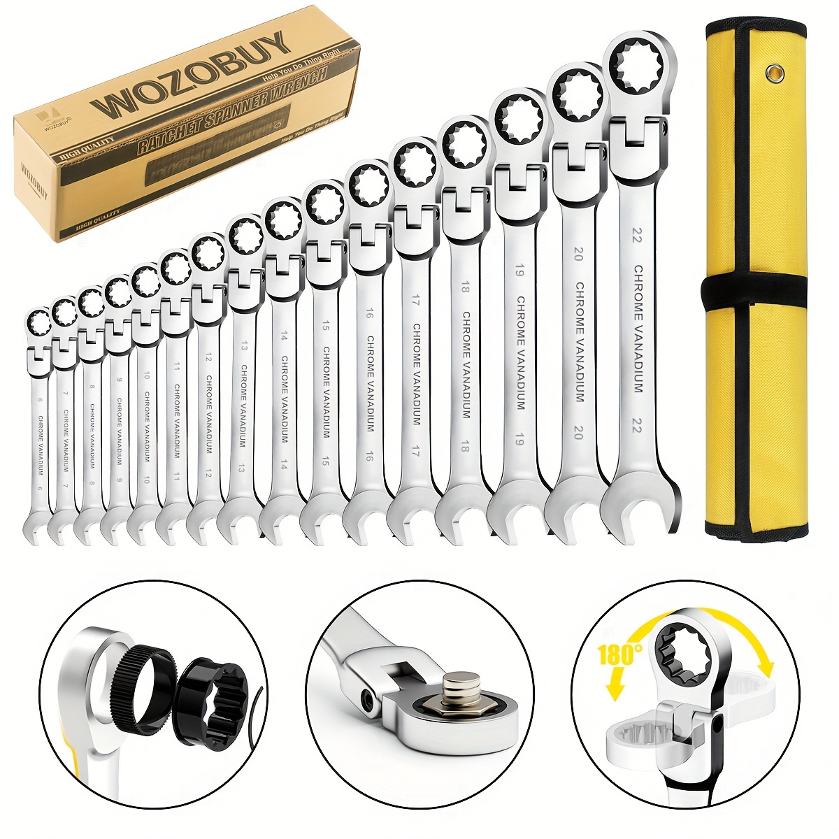 

16pcs Ratcheting Wrench Set, Combination Ended Kits, Tools Socket Key Ratchet Wrench Set