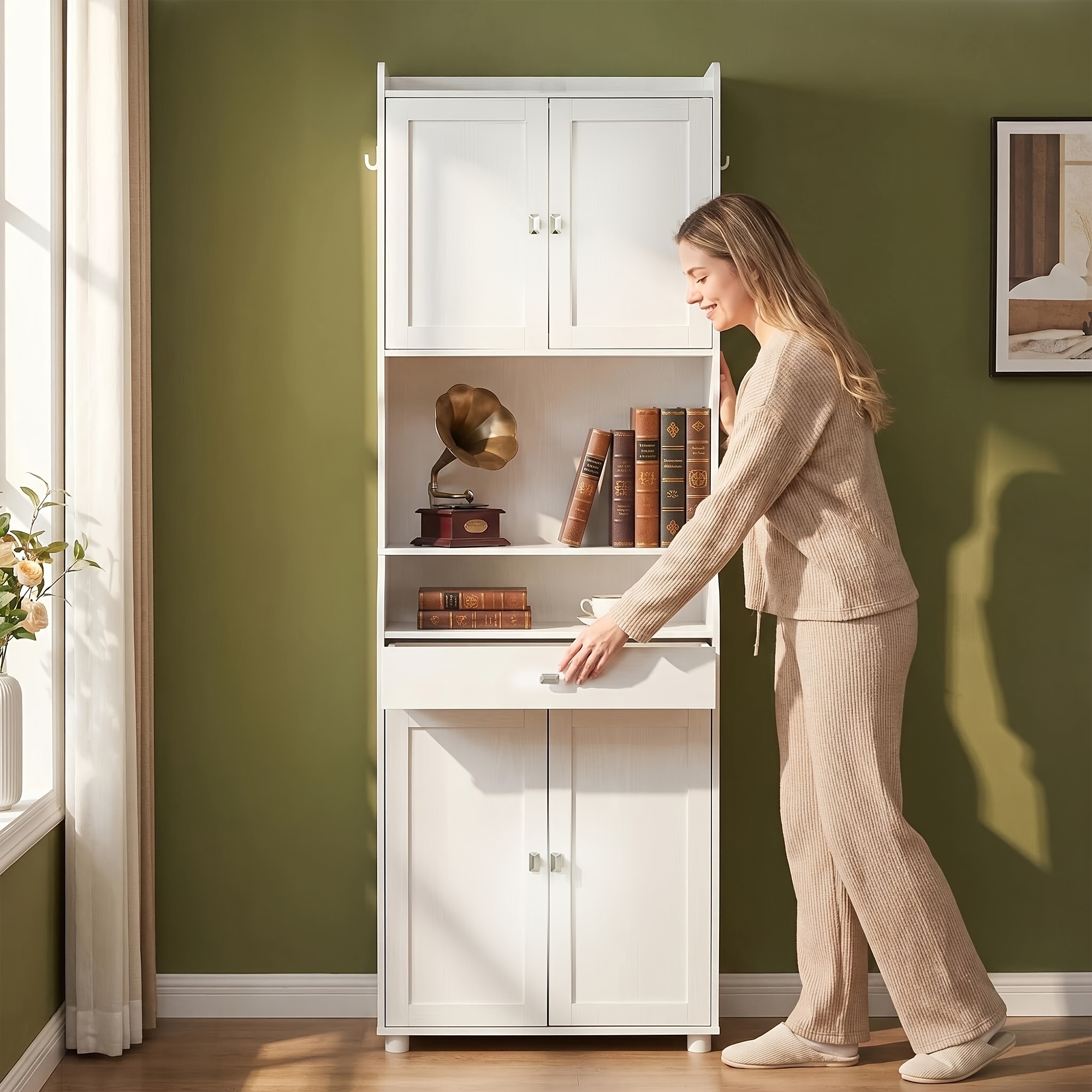 Modern Minimalist Bathroom Storage Tall Cabinet, 181cm Floor-standing Storage Unit, , 1 Drawer, Adjustable Shelves, Open Compartments, White