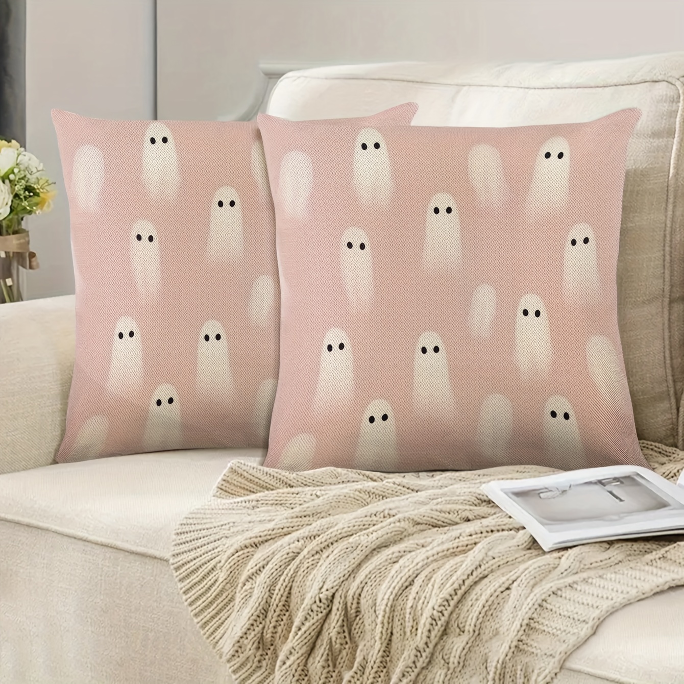 

2-piece Spooky Pink Ghost Linen Pillowcases - Perfect For Halloween & Fall Decor, Zip Closure, Machine Washable - Ideal For Indoor/outdoor Parties (pillow Inserts Not Included)
