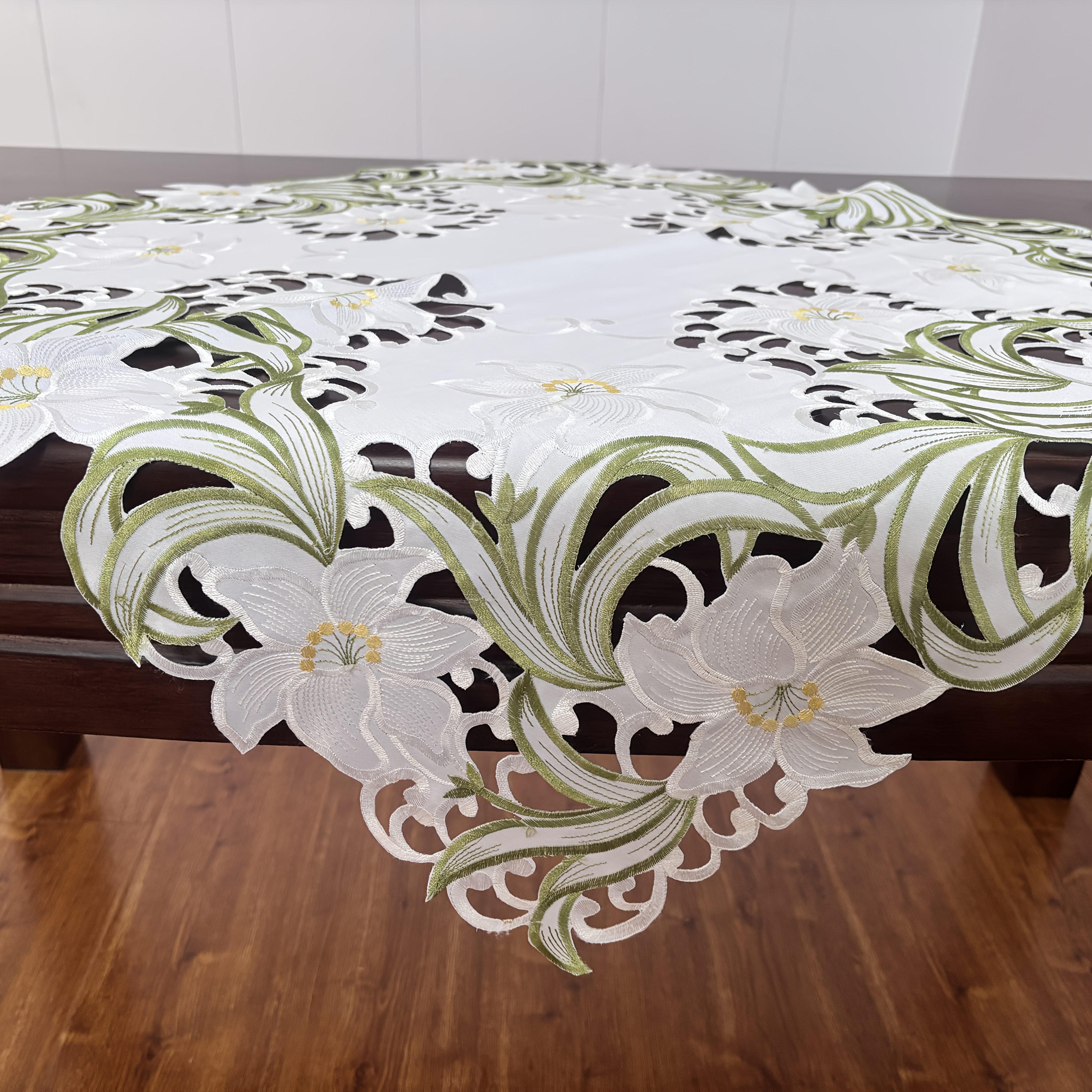 Image of Embroidered Floral Tablecloth With Lace Embroidered Floral Vanity Scarf Floral Lily Pattern Embroidered Tablecloth, Home Kitchen Table Decoration (85x8cm)(33.5x33.5 Inch)