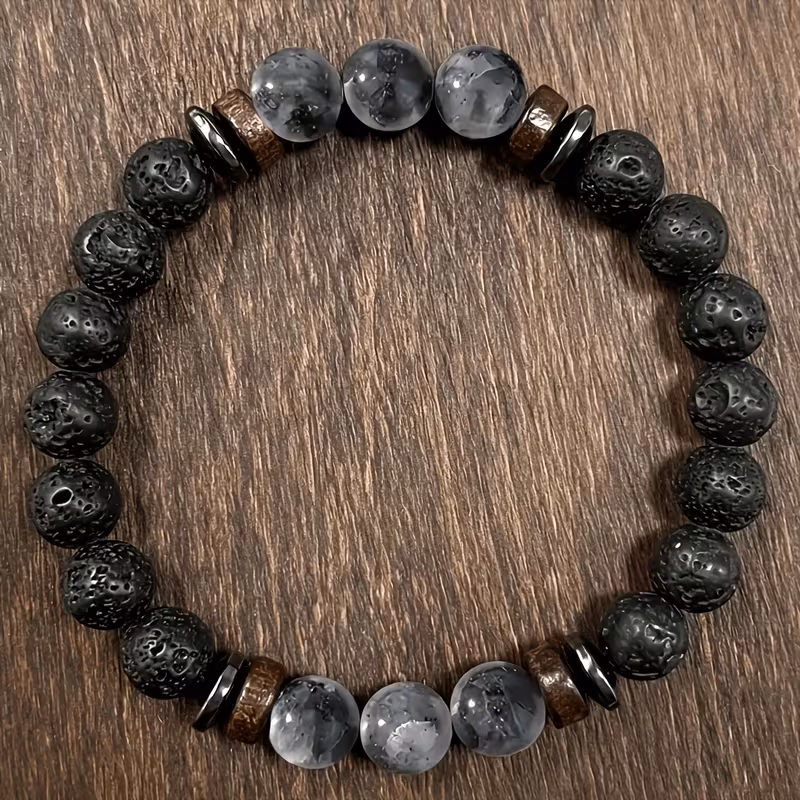 rock obsidian bracelet with round natural stones handmade beads unisex accessory bohemian style birthday and christmas gift unique festive wearable jewellery Product details 0