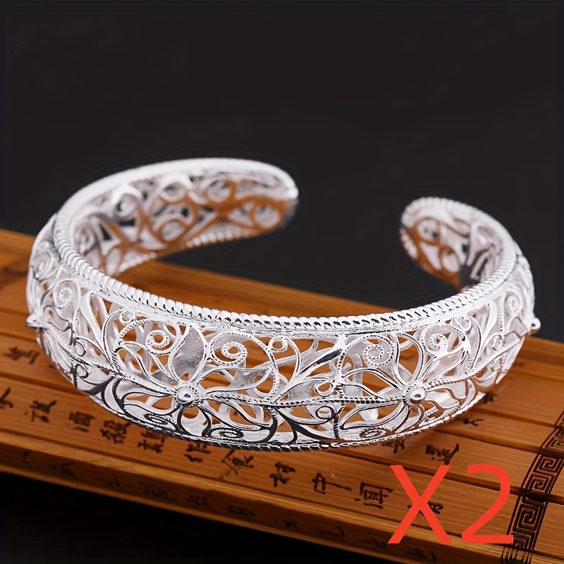 TEMU 2pcs S999 Foot Silvery Bracelet Chinese Style Women's Fashion Hollow For Lotus Open Bracelet Easy Women's Jewelry High-end Shining Birthday Gift For Mother And Girlfriend